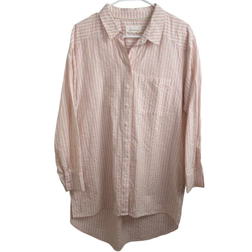 Anthropologie Oversized Striped Button Down Shirt Blouse Pink White Viscose M